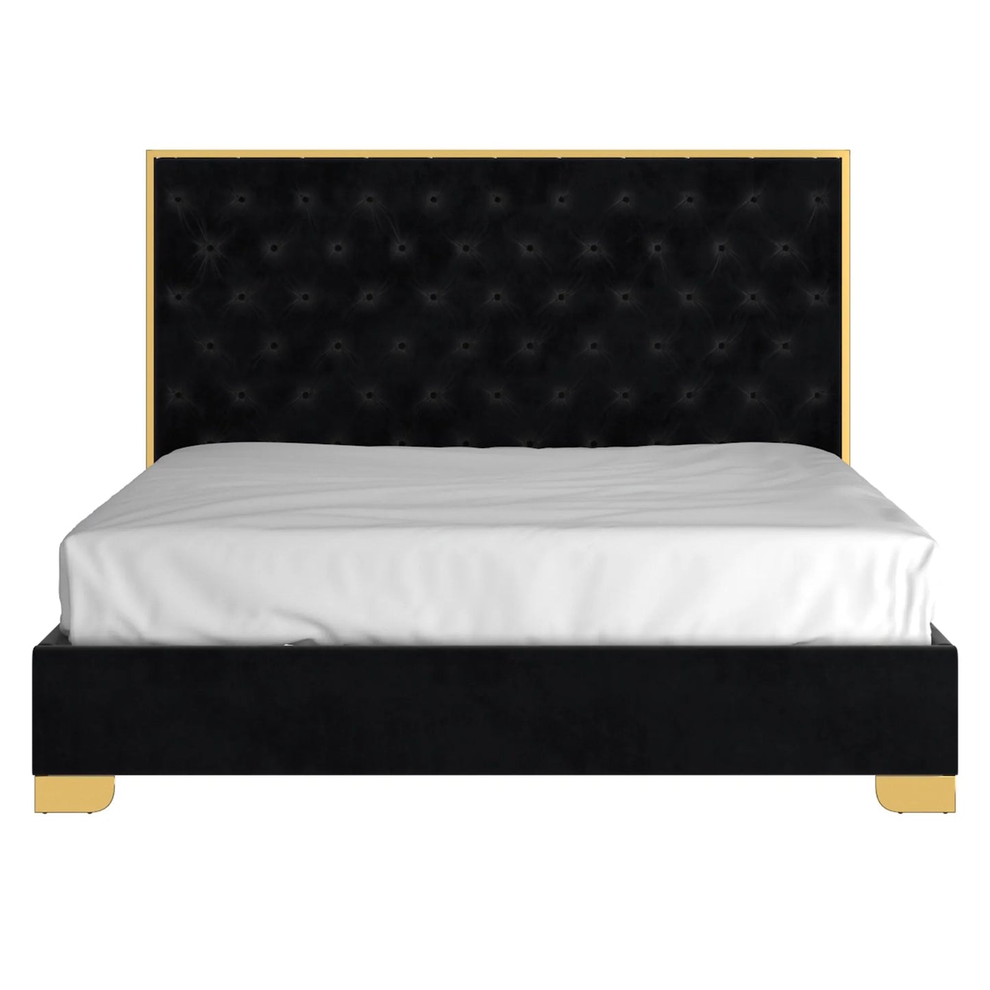 Lucille Velvet King Bed Frame with Gold Trim & Tufted Headboard