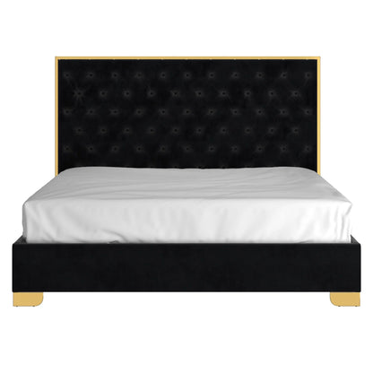 Lucille Velvet King Bed Frame with Gold Trim & Tufted Headboard