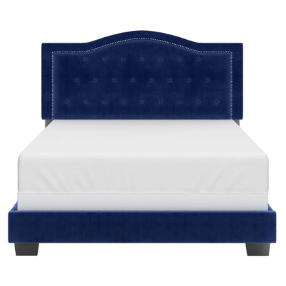 Pixie Blue Velvet Queen Bed with Tufted Crown Headboard
