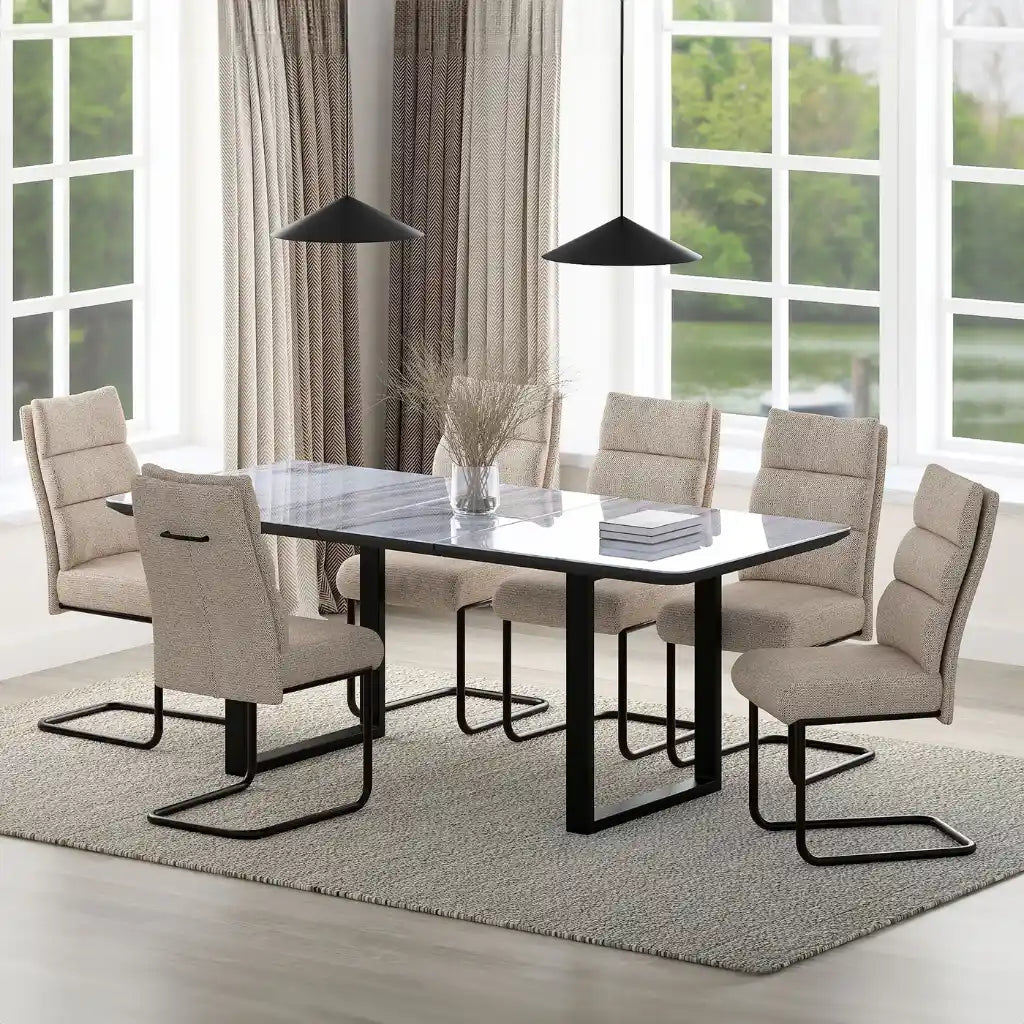 Gavin/Brodi 7pc Marble Dining Table Set – Black Metal Base