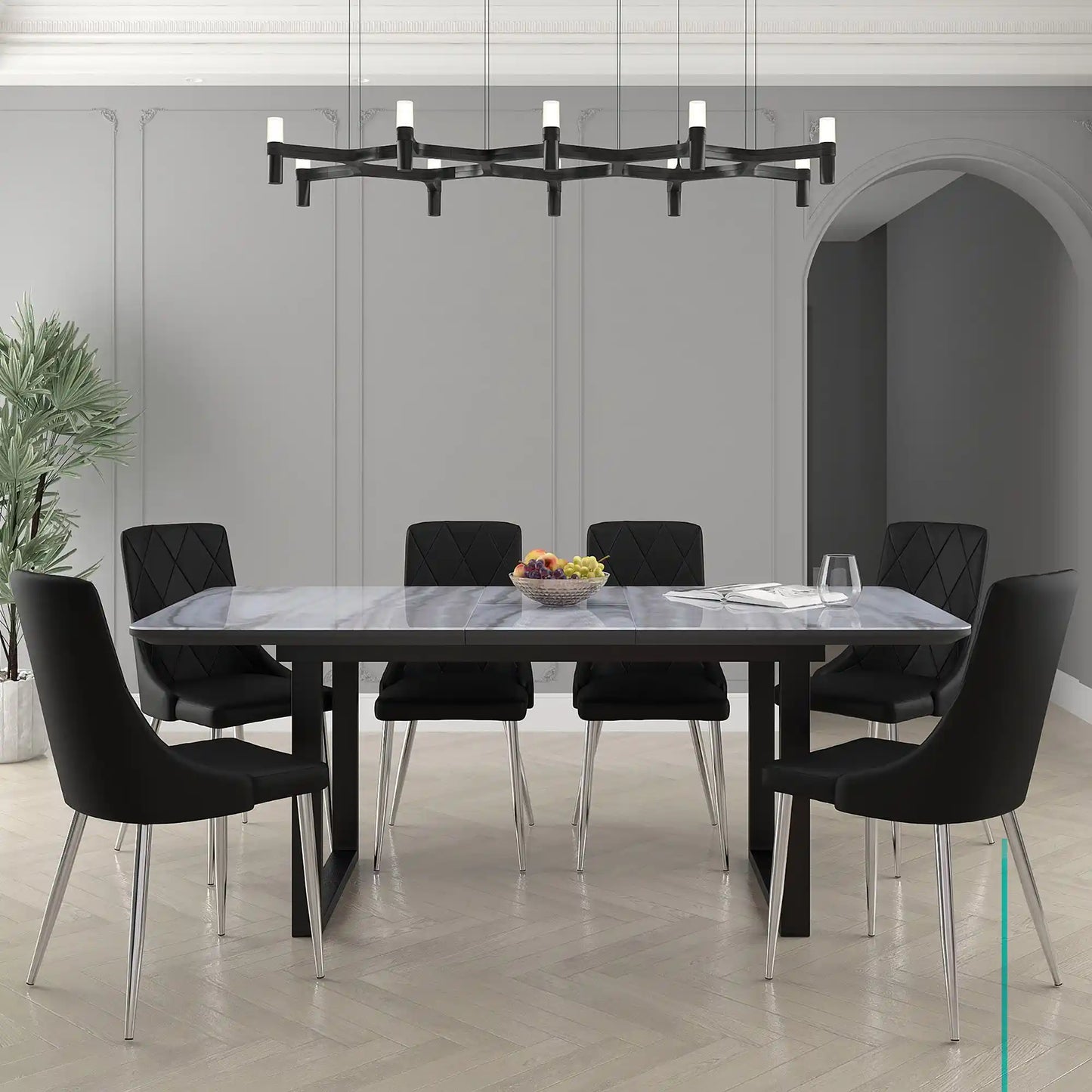 Gavin/Cortez 7pc Black Dining Table Set With Faux Leather Chairs
