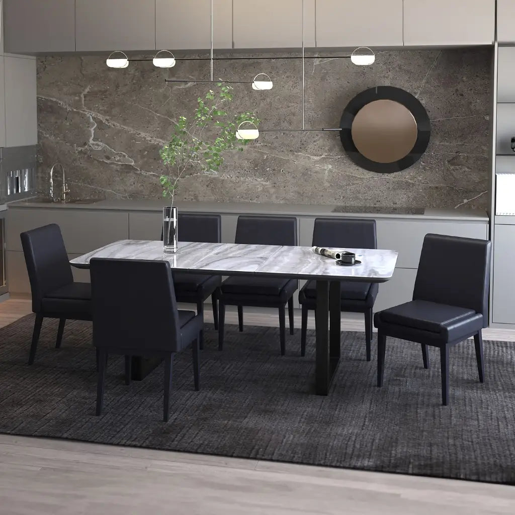 Gavin/Cortez 7pc Marble Dining Table Set With Black Glass Table