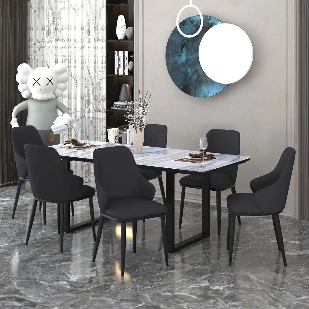 Gavin/Kash 7pc Black Dining Table Set With Marble Glass Top Table