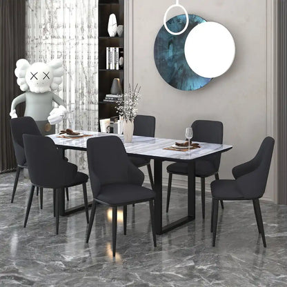 Gavin/Kash 7pc Black Dining Table Set With Marble Glass Top Table