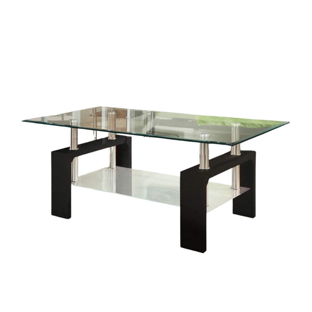 Glass coffee table with black metal legs 
