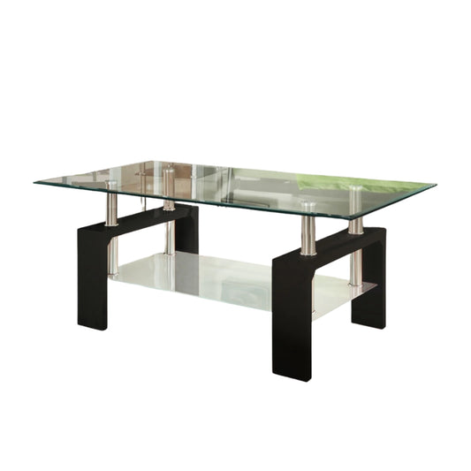 Glass coffee table with black metal legs 