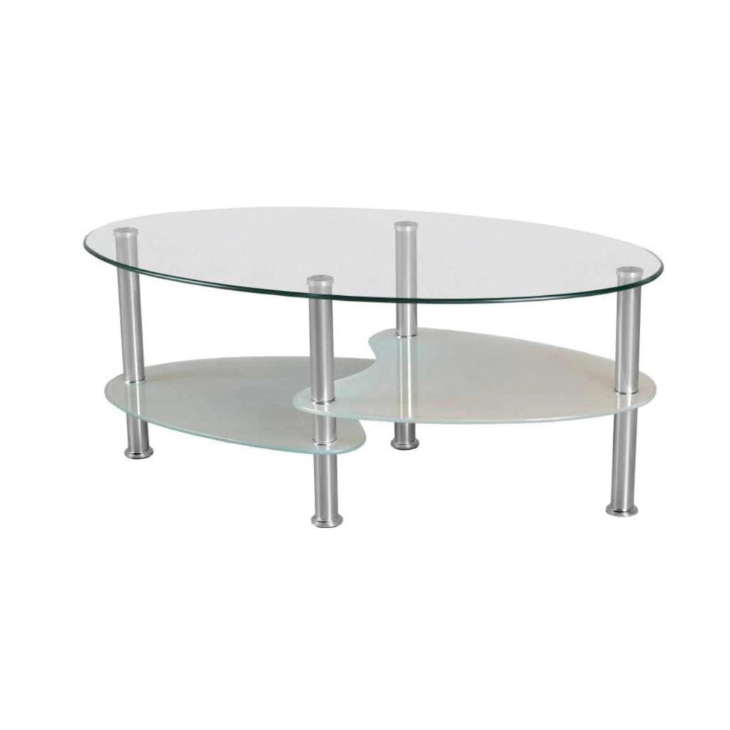 Oval shaped glass coffee table with metal legs