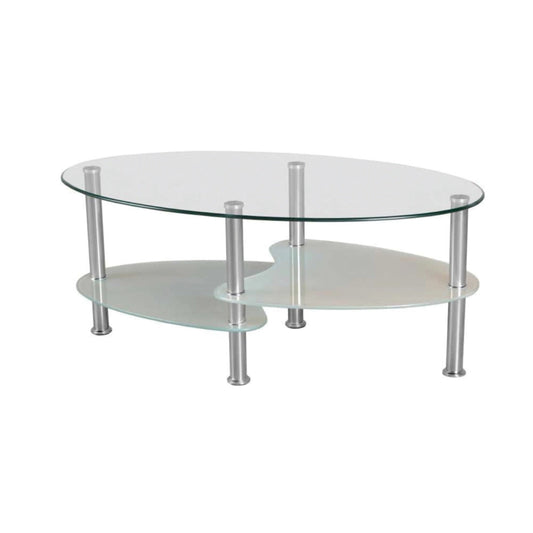 Oval shaped glass coffee table with metal legs