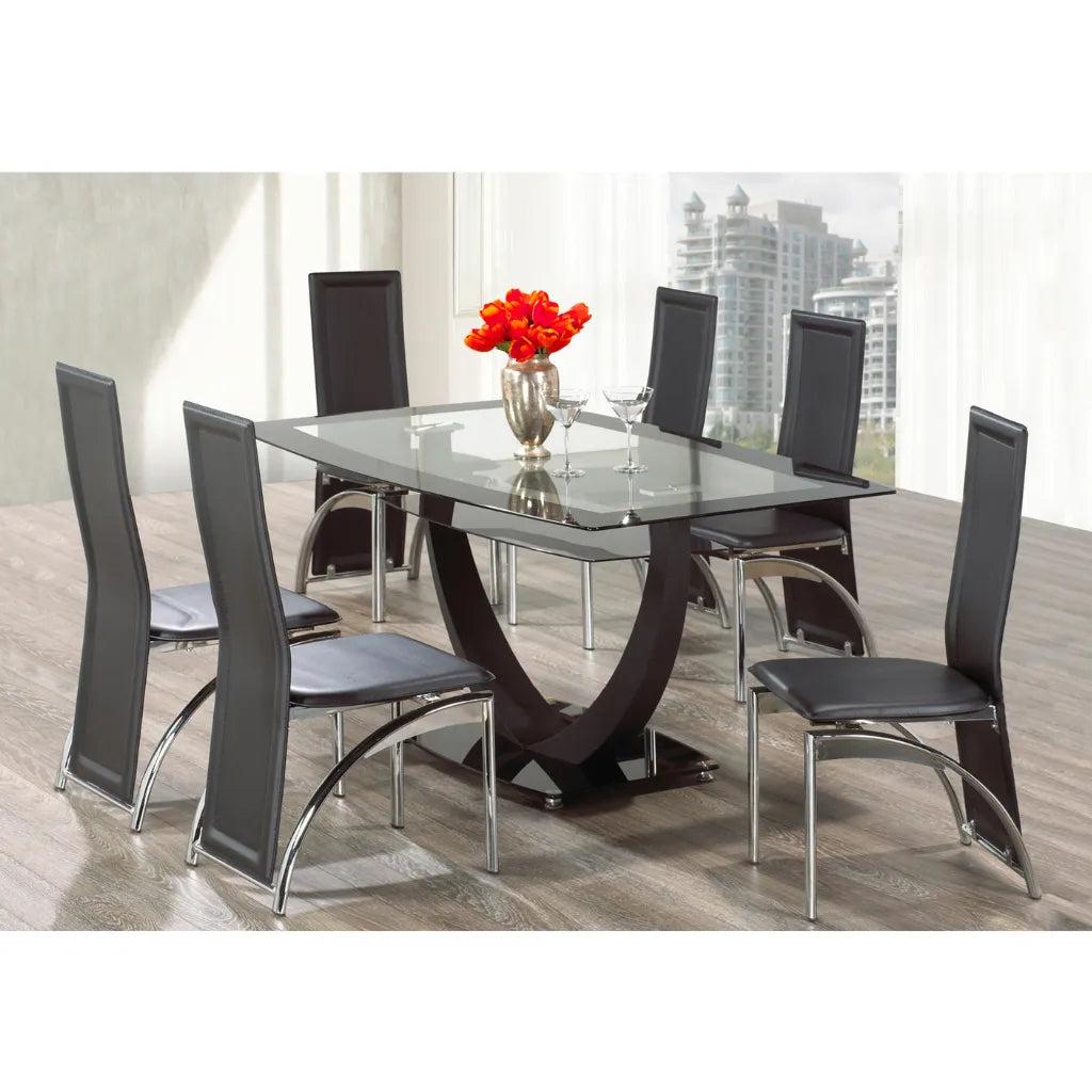 Glass Dining table set with six leather chairs 