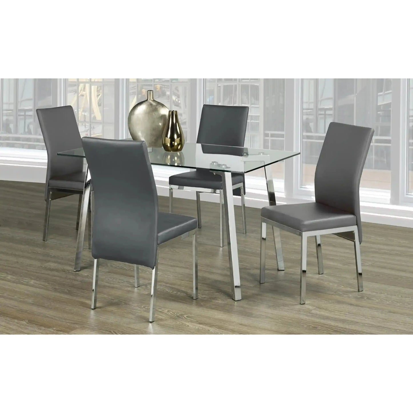 Glass Dining table set with four grey chairs 