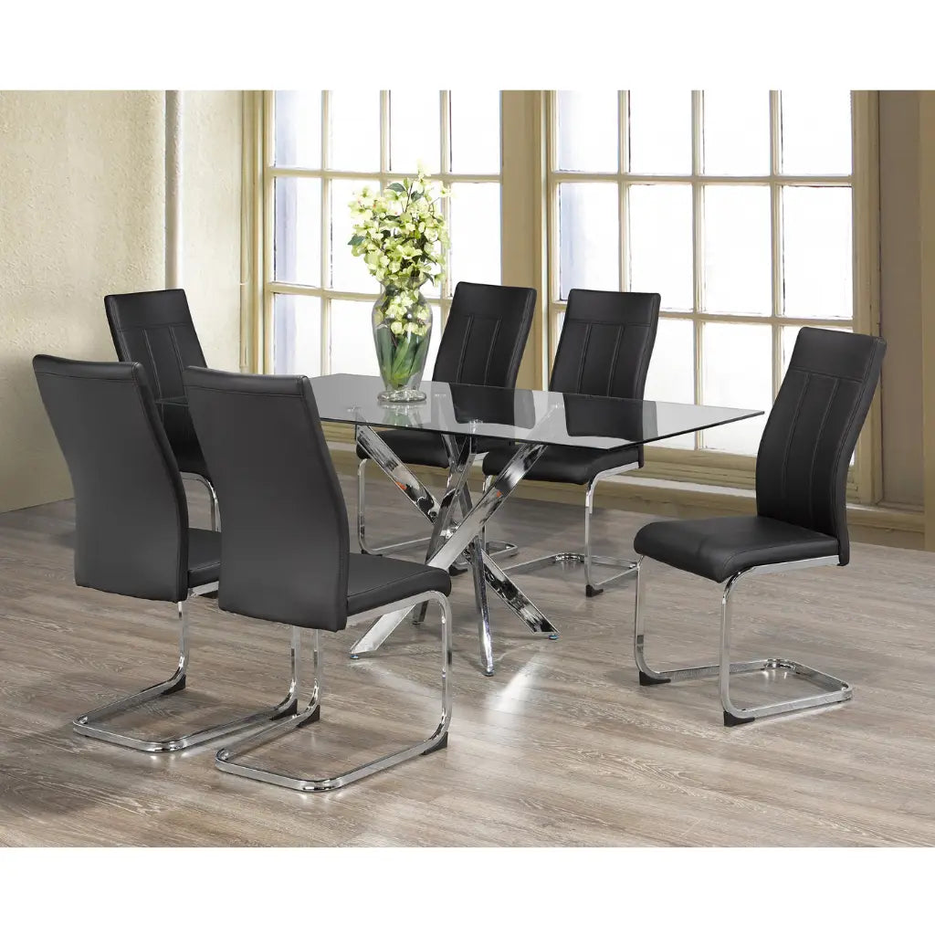 Glass top dining room set with black chairs