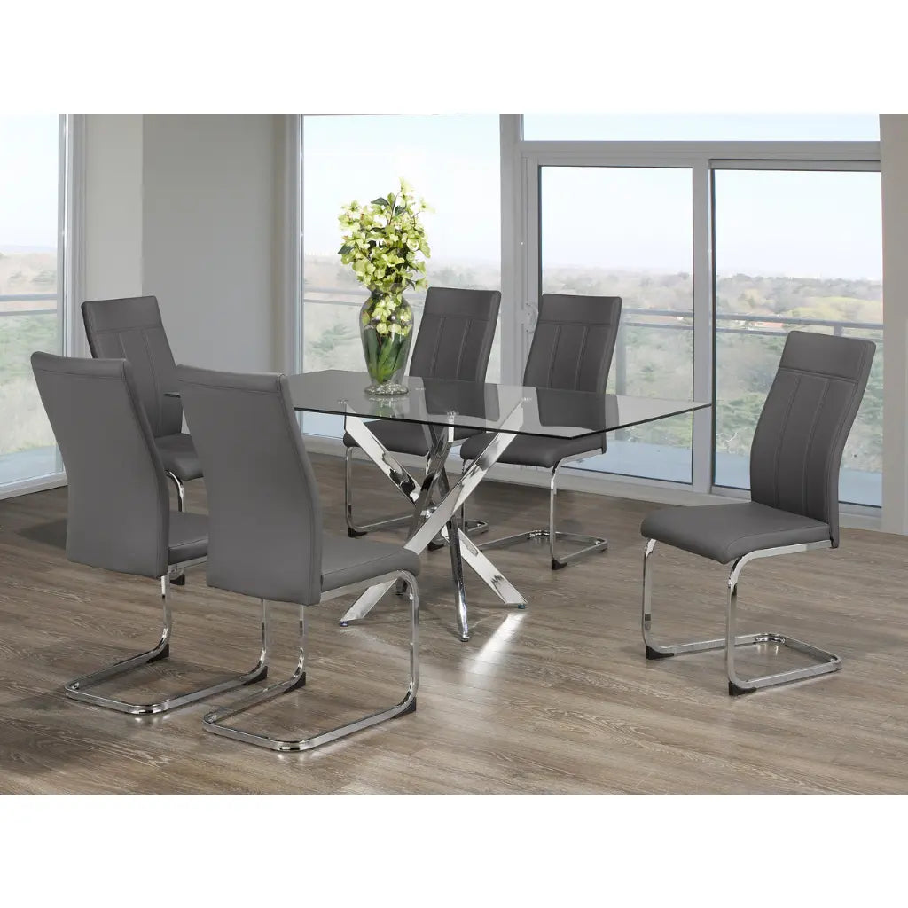 Dining room set with glass table and grey PU chairs