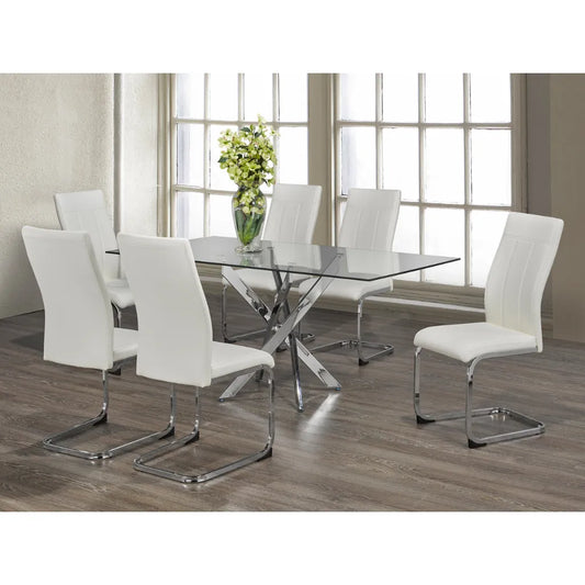 Dining room set with a glass table and white chairs 