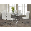 Dining room set with a glass table and white chairs 