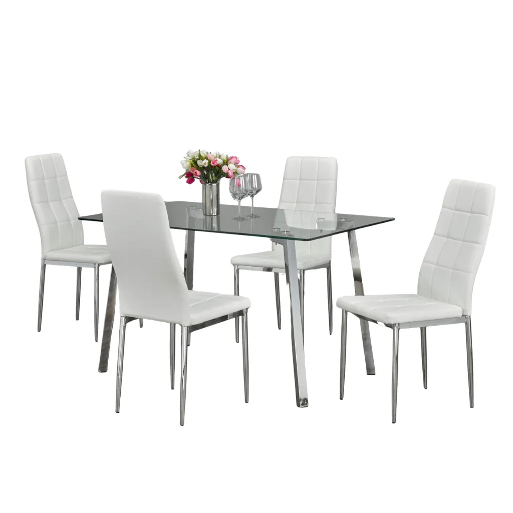 Dining set with a glass table and four white chairs 