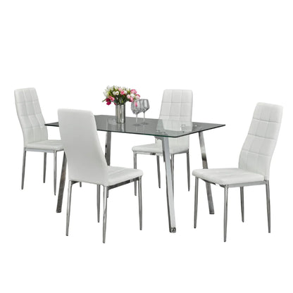 Dining set with a glass table and four white chairs 