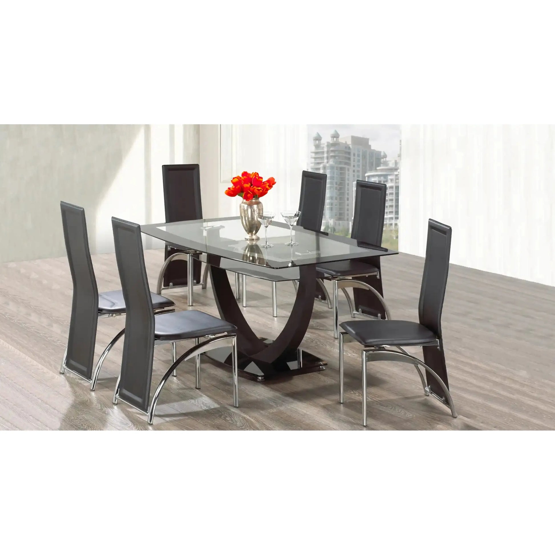 Glass dining table set with six black chairs 