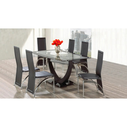 Glass dining table set with six black chairs 