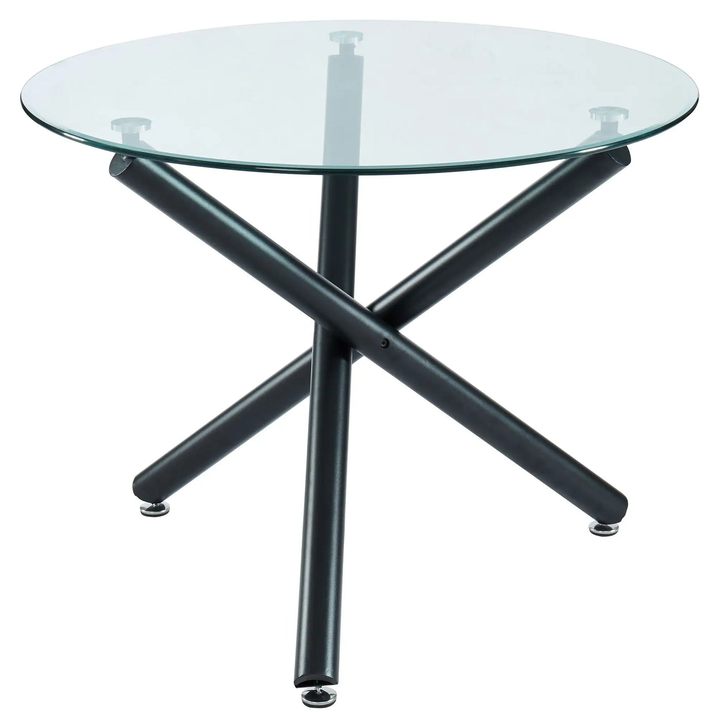 Glass table with black metal legs on a white background