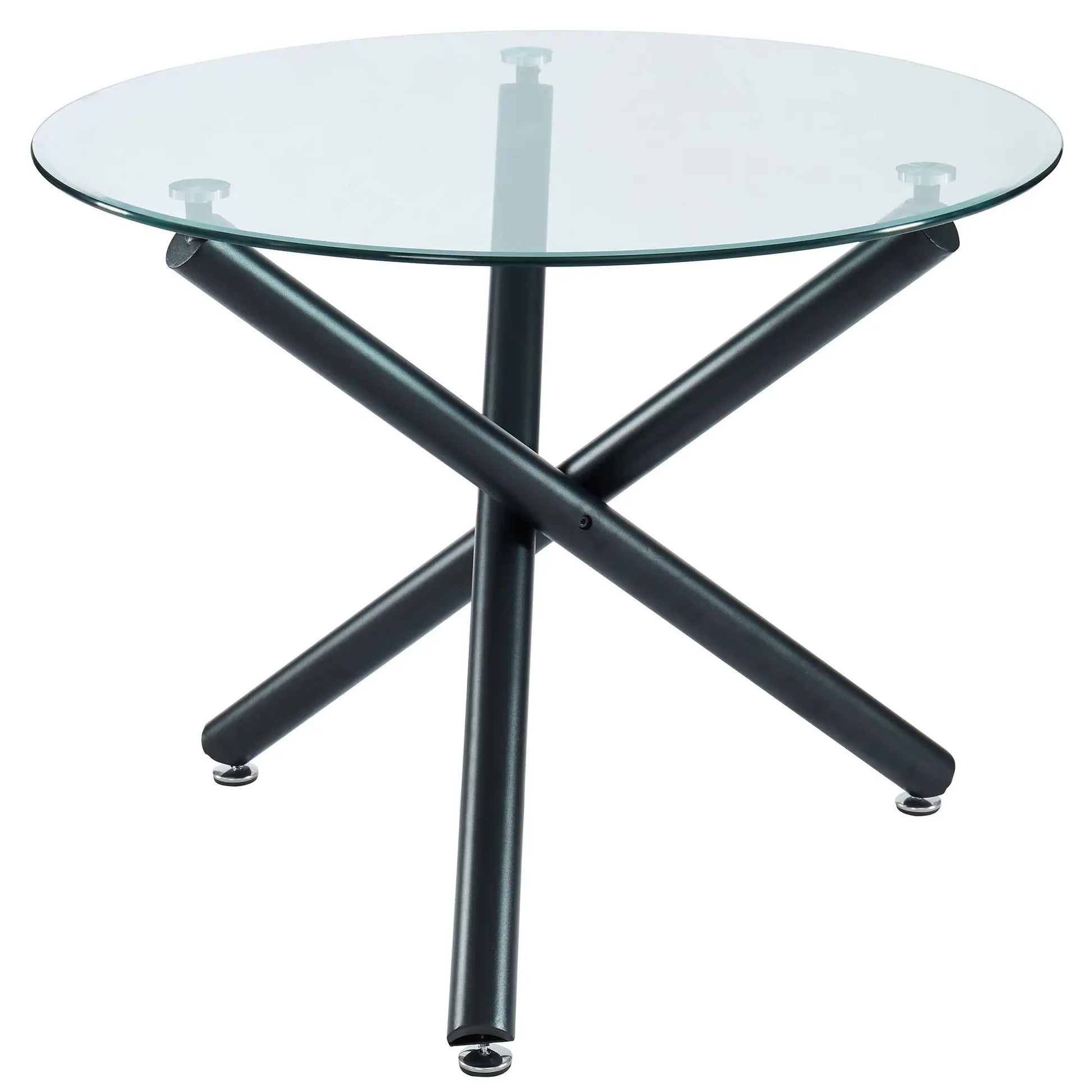 Glass table with black metal legs on a white background