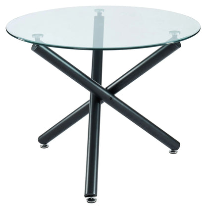 Glass table with black metal legs on a white background