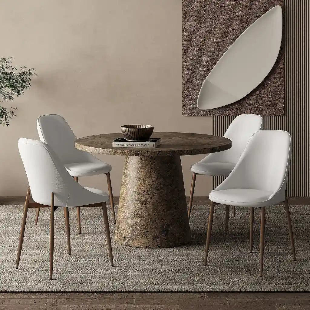 Godiva/Cleo Grey 5pc Dining Set – Round Faux Stone Pedestal Table