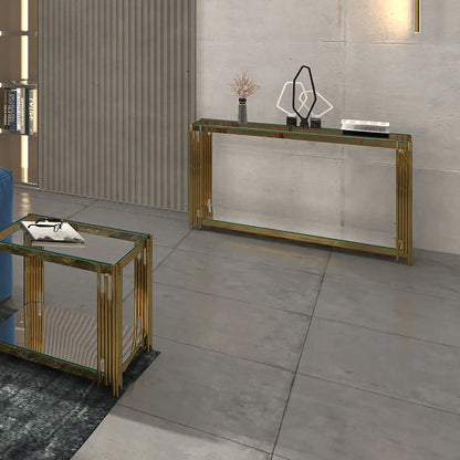 Gold Console Table with Glass Shelves - Modern Art Deco Style