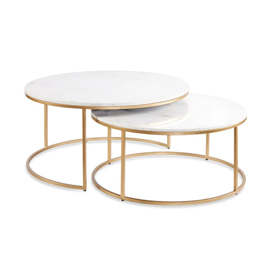 Gold Round Nesting Coffee Tables with Marble Top – Set of 2