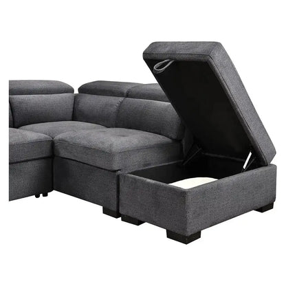 Gray sectional sofa with storage compartment open on a white background