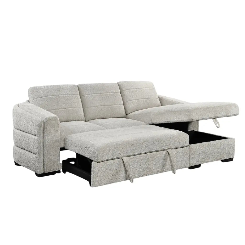 Gray sectional sofa with storage drawers on a white background