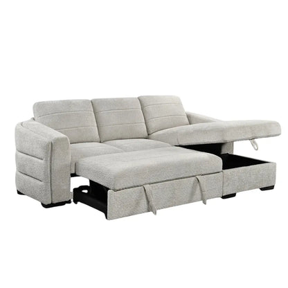 Gray sectional sofa with storage drawers on a white background