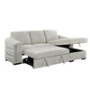 Gray sectional sofa with storage drawers on a white background