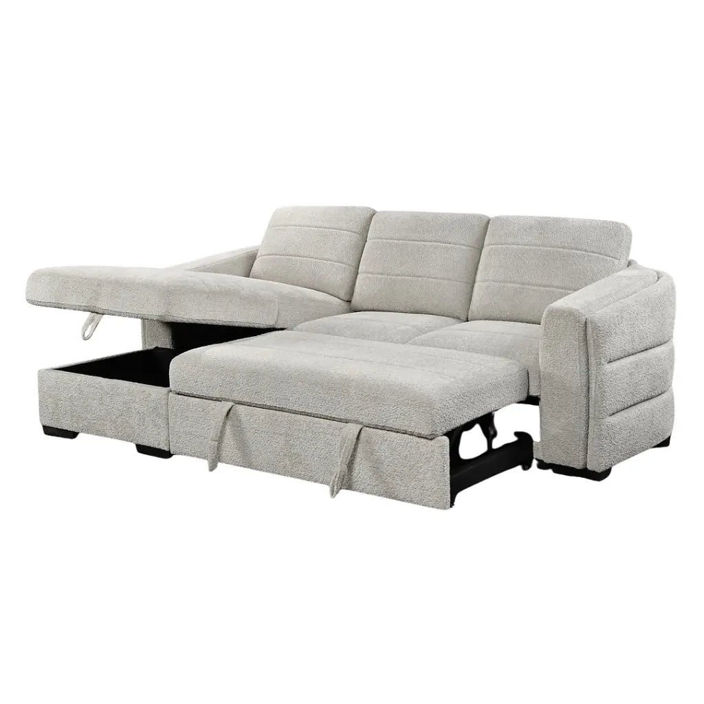 Gray sectional sofa with storage ottoman on a white background