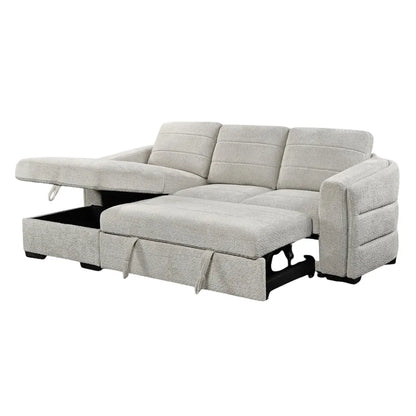 Gray sectional sofa with storage ottoman on a white background