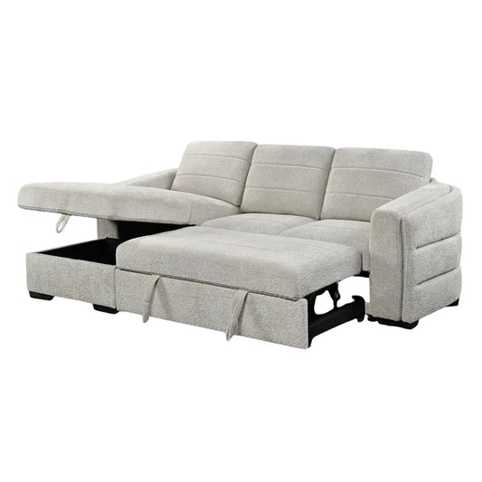 Gray sectional sofa with storage ottoman on a white background