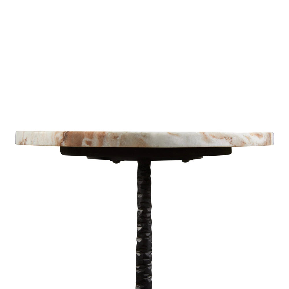 Graysen Round Marble Top Side Table –  Black Hammered Iron Base