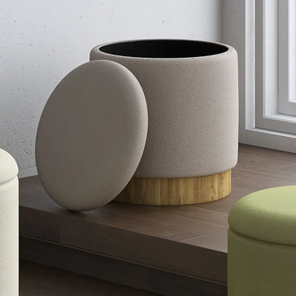Alya Round Storage Ottoman with Lid – Natural Wood Base, Fabric Top