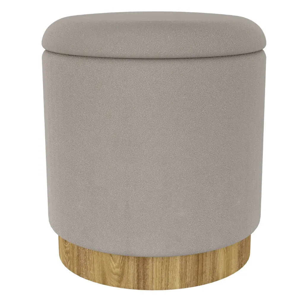Alya Round Storage Ottoman with Lid – Natural Wood Base, Fabric Top