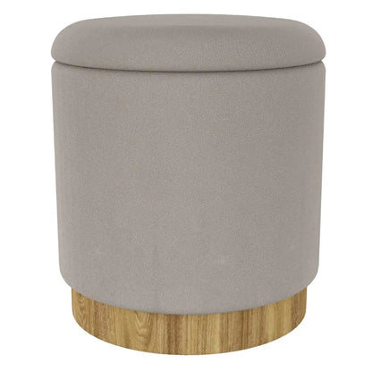 Alya Round Storage Ottoman with Lid – Natural Wood Base, Fabric Top