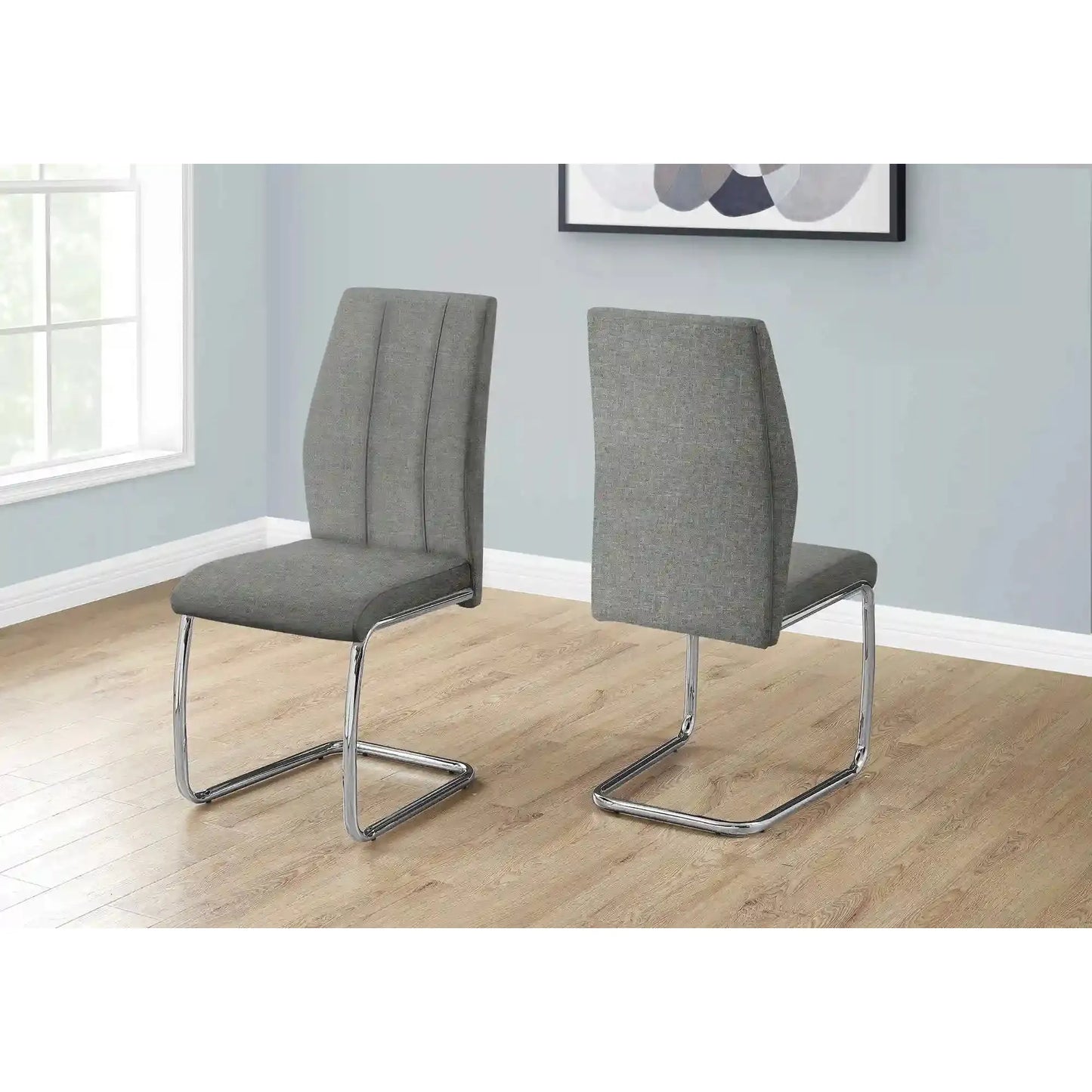Grey Fabric Upholstered Dining Chairs – Chrome U-Shaped Legs - 2pcs