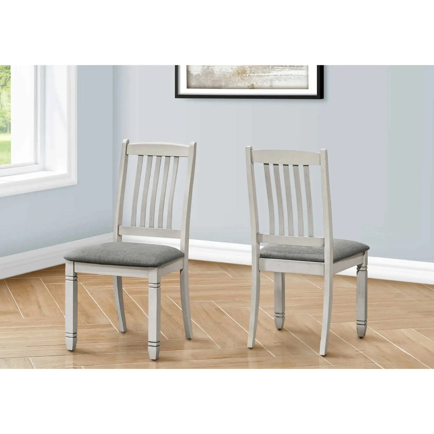 Grey Fabric Upholstered Dining Chairs with Antique Grey Finish – Set of 2