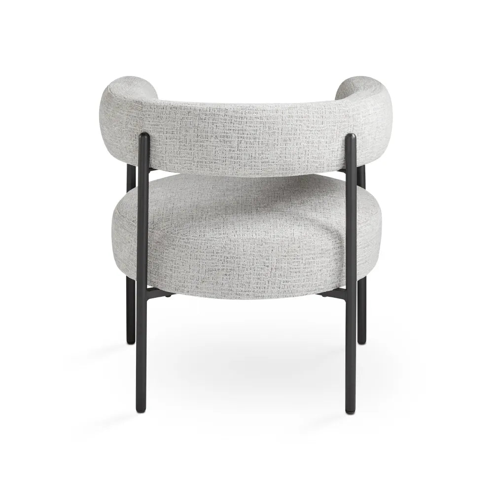 Backrest Of Mallory Grey Linen Accent Chair with Black Metal Frame