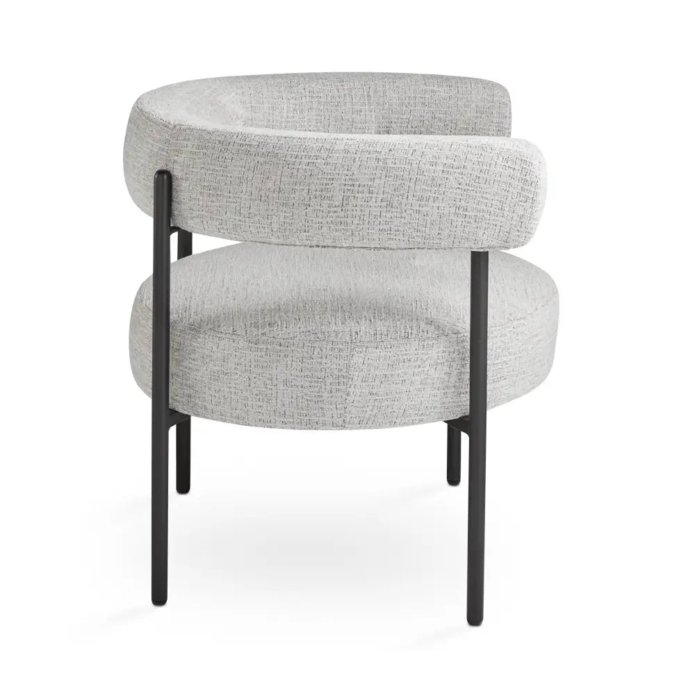 Side Profile Of Grey Linen Accent Chair 