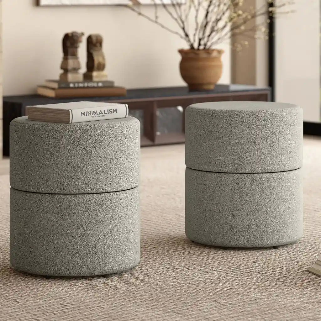 Novar Round Swivel Ottoman in Boucle Fabric – Warm Grey or Cream