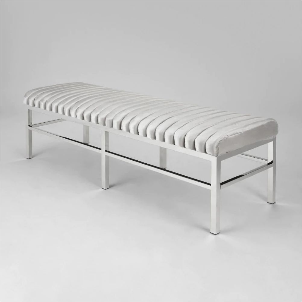 Elegant Grey Velvet Bench with Polished Stainless Steel Frame
