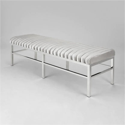 Elegant Grey Velvet Bench with Polished Stainless Steel Frame