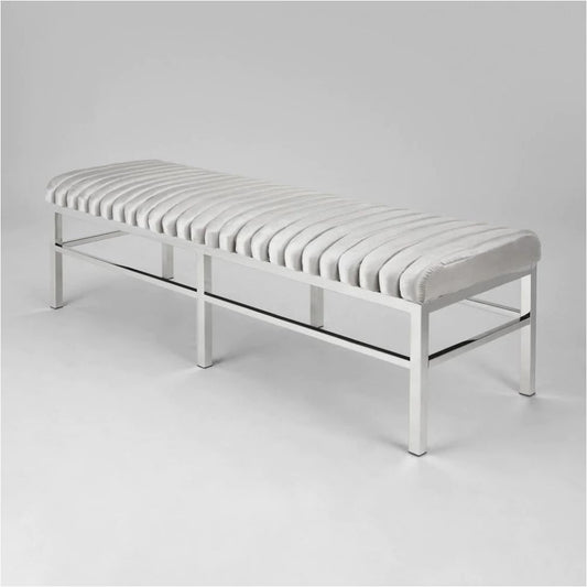 Elegant Grey Velvet Bench with Polished Stainless Steel Frame