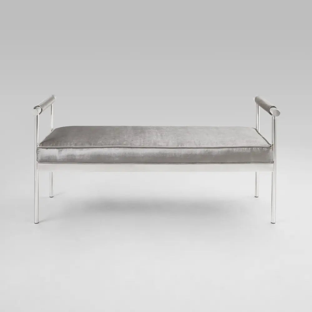 Helen Grey Velvet Bench with Arms and Polished Stainless Steel Frame