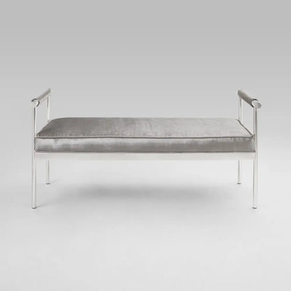 Helen Grey Velvet Bench with Arms and Polished Stainless Steel Frame