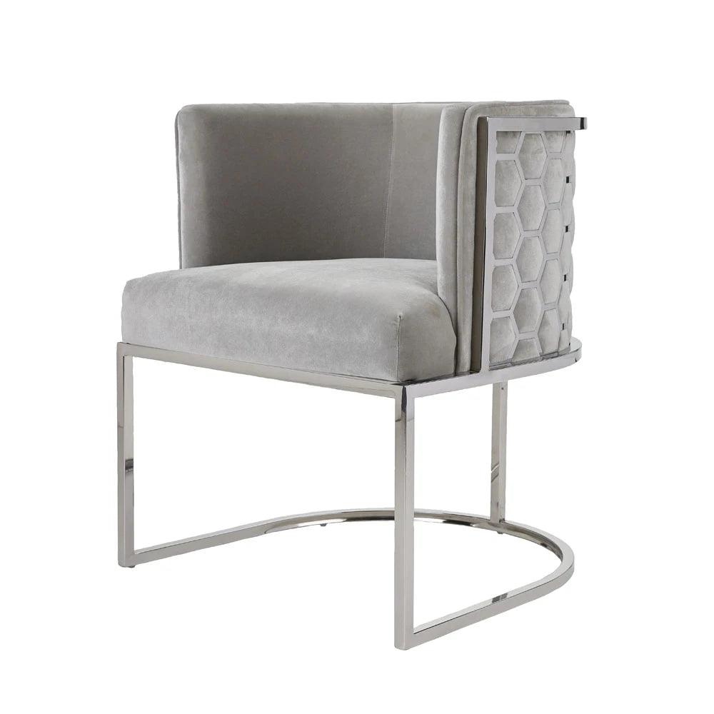 Chamberlain Grey Velvet Dining Chair – Polished Stainless Steel Legs